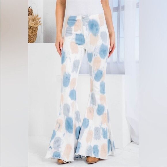 Peach Love Tie Dye Blue Tan Boho Bell Bottom 70’s Inspired Style Jeans Feminine - Picture 2 of 14